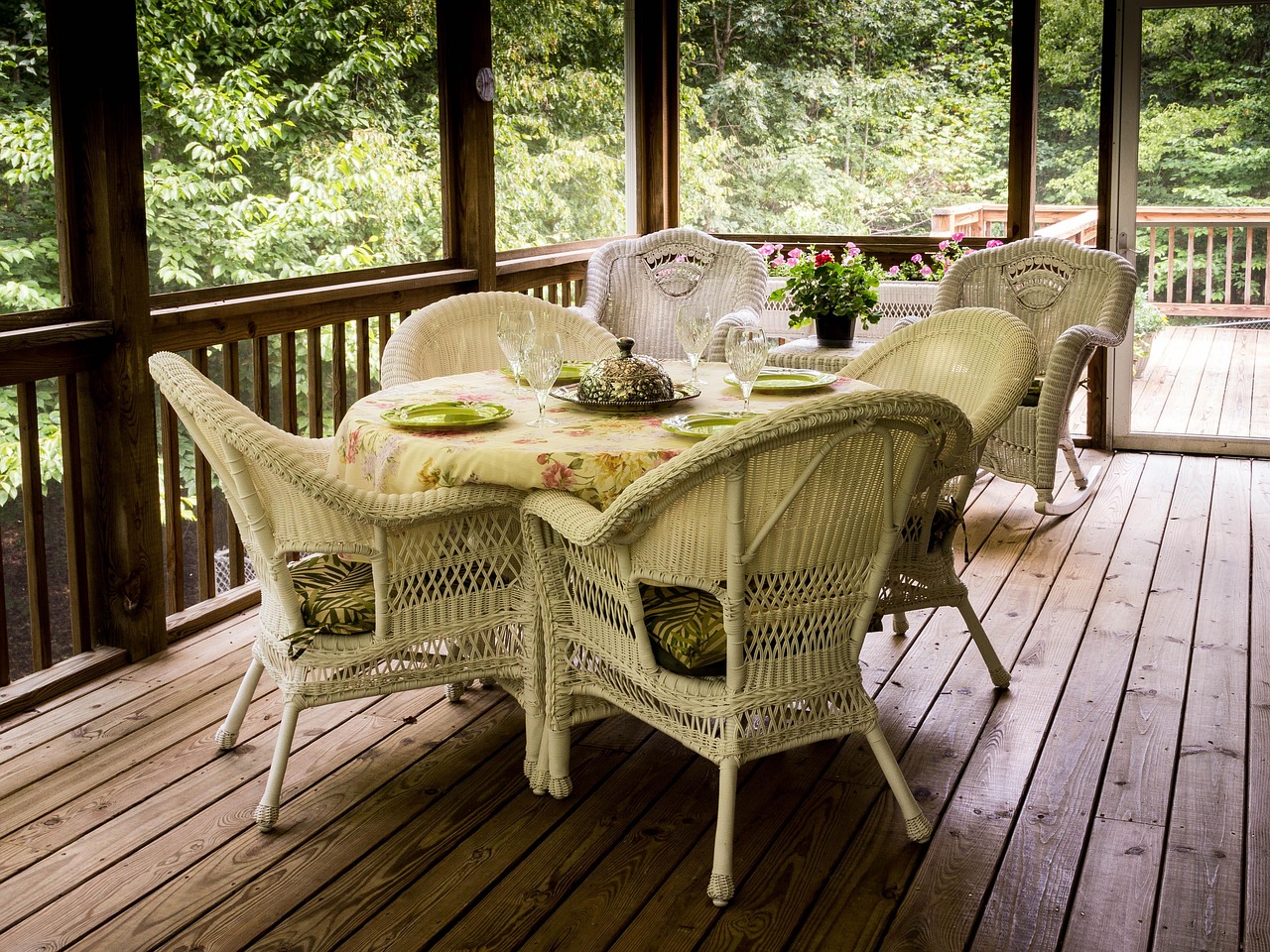 screened porch, back porch, deck, wicker chairs, wicker table, rocking chairs, picnic, table setting, table cloth, porch, entertain, brown table, brown rock, deck, deck, deck, deck, deck, porch