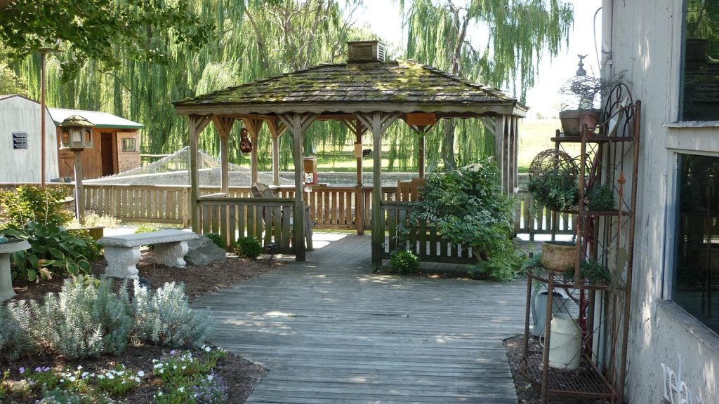 gazebo, deck, shade, patio, trees, relaxation, outdoors, backyard, pergola, nature, pavilion, leisure, yard, relax, covered, porch, landscaping, veranda, outdoor, countryside