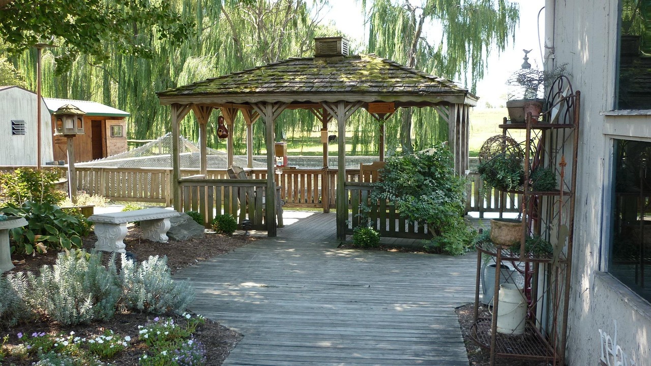 gazebo, deck, shade, patio, trees, relaxation, outdoors, backyard, pergola, nature, pavilion, leisure, yard, relax, covered, porch, landscaping, veranda, outdoor, countryside